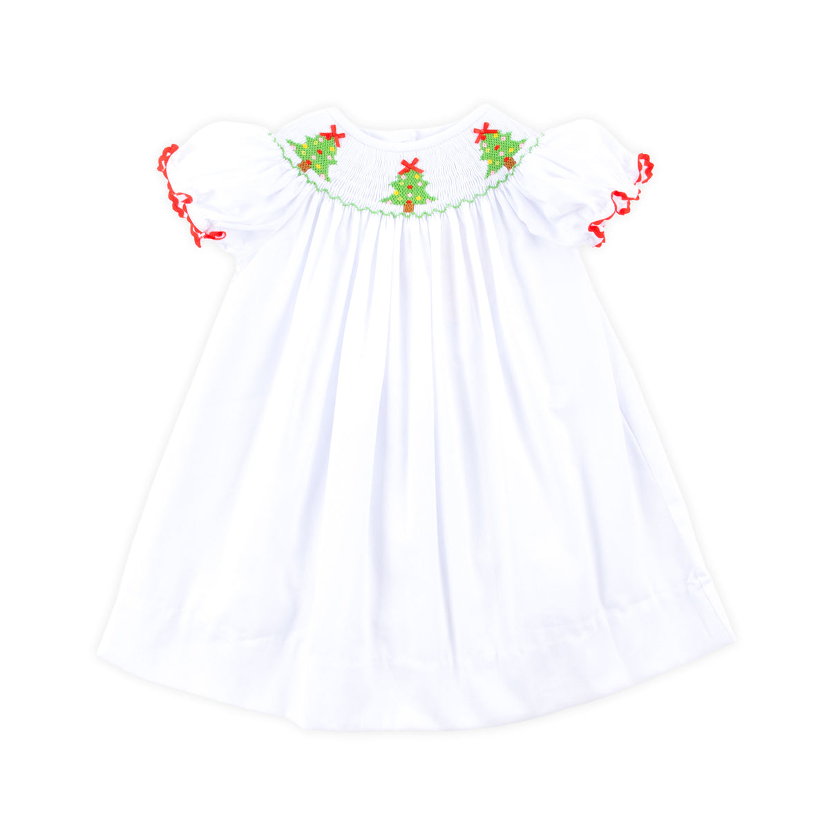 Christmas Tree White Pique Bishop Dress