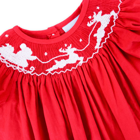 Santa's Sleigh Smocked Red Corduroy Bishop Dress