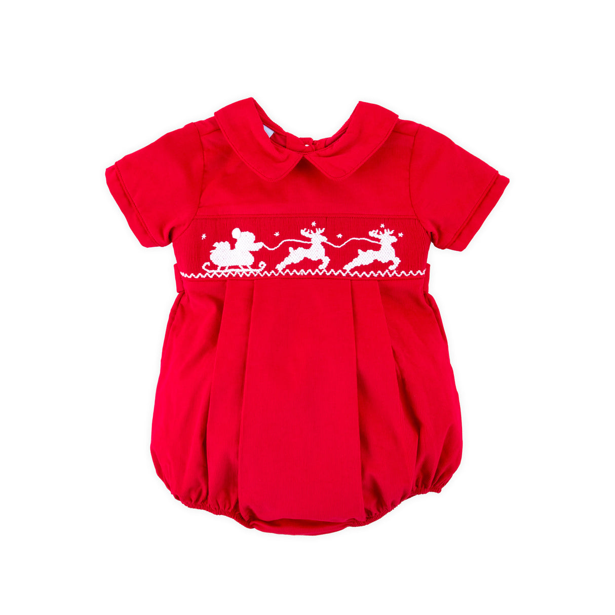 Santa's Sleigh Smocked Red Corduroy Collared Bubble