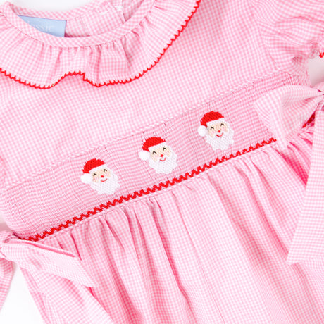 Happy Santa Smocked Pink Gingham Beverly Long Bubble