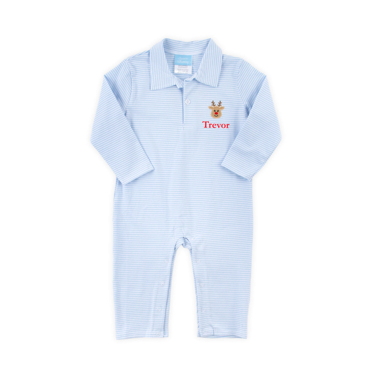 Reindeer Light Blue Stripe Polo Romper