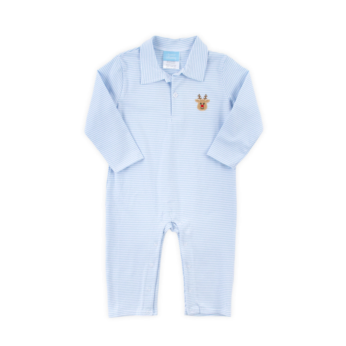 Reindeer Light Blue Stripe Polo Romper