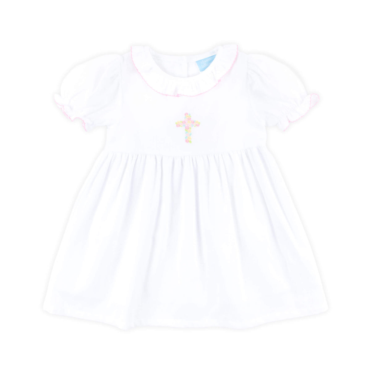 Cross Floral Embroidered White Collared Dress