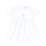 Cross Floral Embroidered White Collared Dress