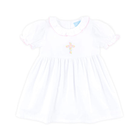 Cross Floral Embroidered White Collared Dress
