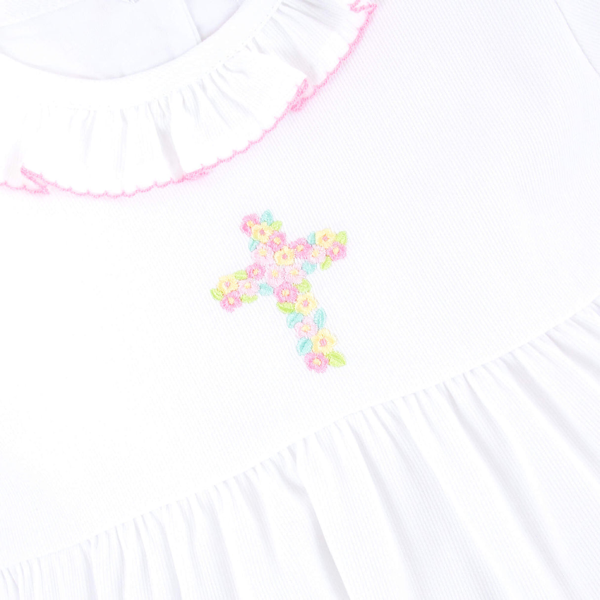 Cross Floral Embroidered White Collared Bubble