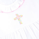Cross Floral Embroidered White Collared Bubble