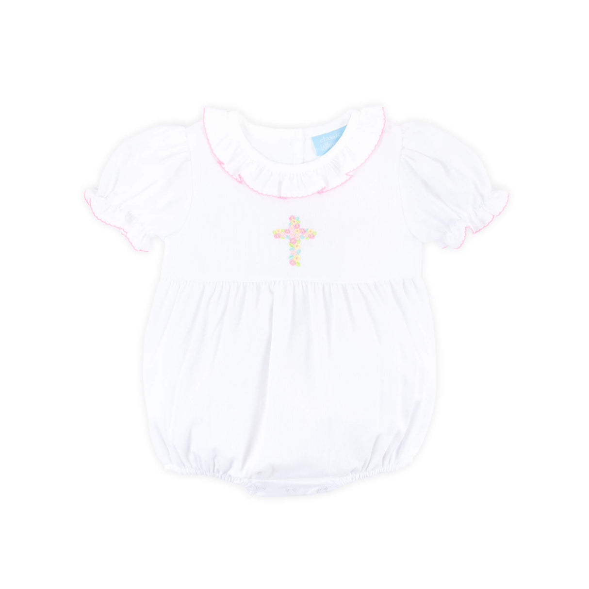 Cross Floral Embroidered White Collared Bubble