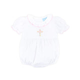 Cross Floral Embroidered White Collared Bubble