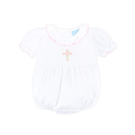 Cross Floral Embroidered White Collared Bubble