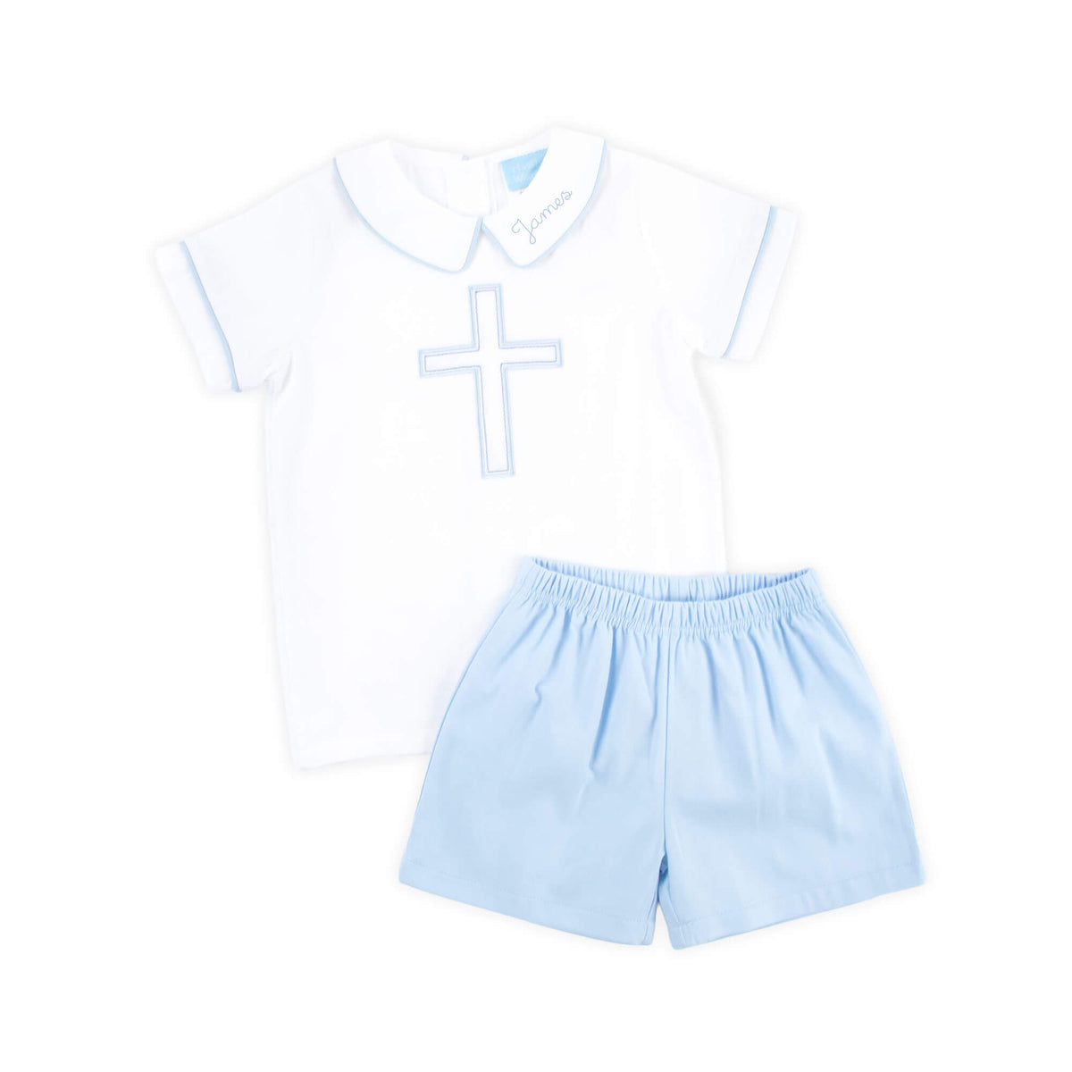 Cross Embroidered White Collared Short Set