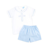 Cross Embroidered White Collared Short Set