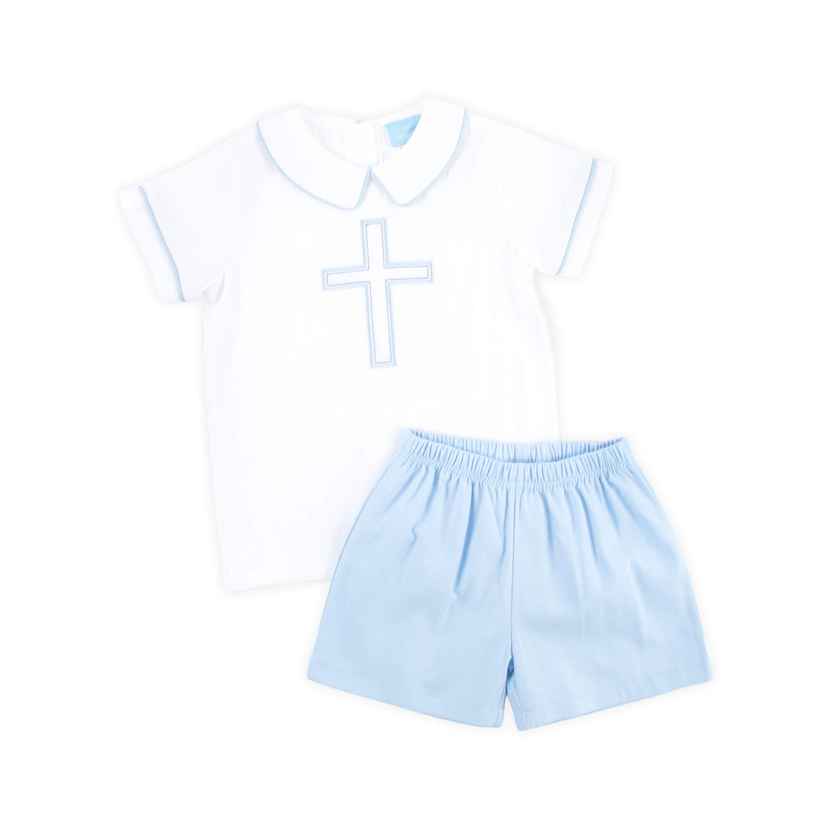 Cross Embroidered White Collared Short Set