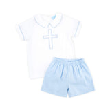Cross Embroidered White Collared Short Set