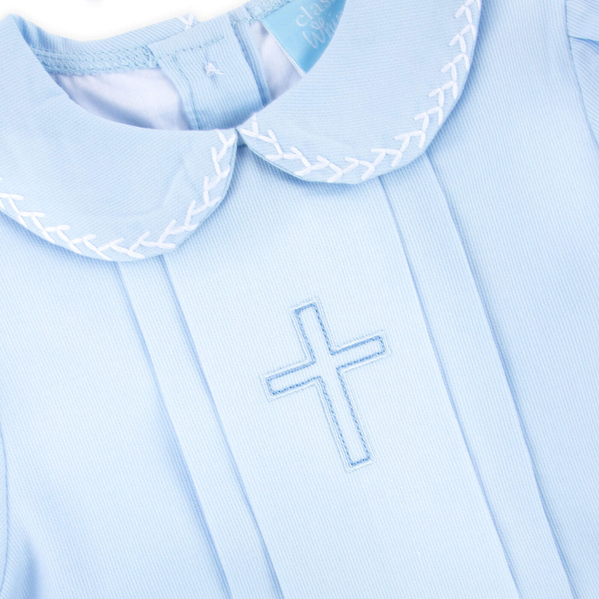 Cross Embroidered Light Blue Pleated Dress