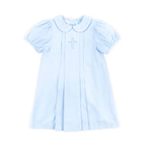 Cross Embroidered Light Blue Pleated Dress