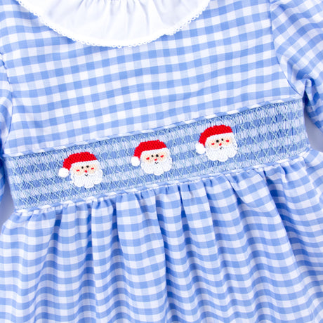 Happy Santa Smocked Blue Gingham Long Sleeve Dress