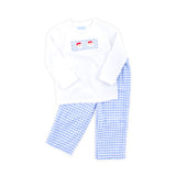 Happy Santa Smocked Blue Gingham Pant Set
