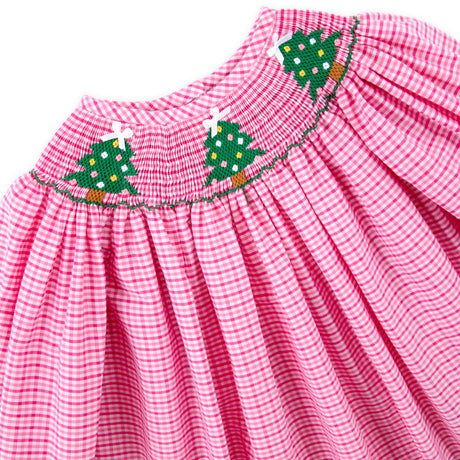 Christmas Tree Sparkle Smocked Pink Plaid Long Sleeve Bishop Dress
