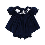 Smocked Santa Sleigh Bloomer Set Navy Corduroy
