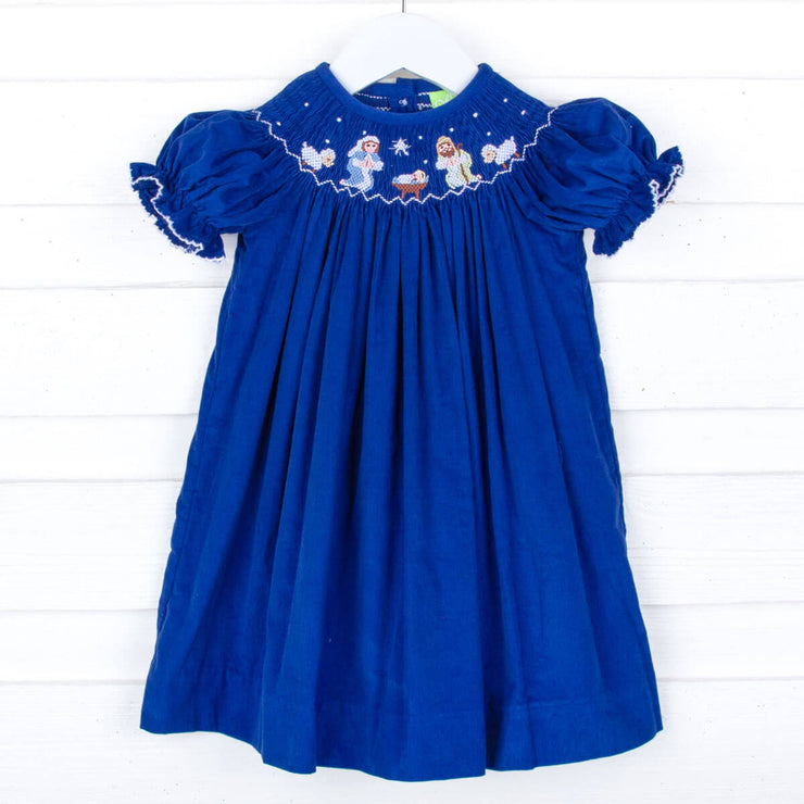 Nativity Smocked Royal Blue Corduroy Dress