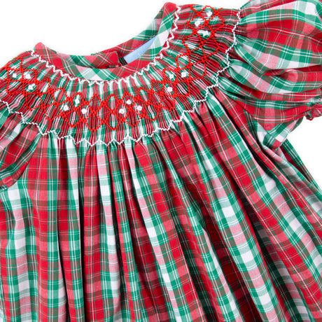 Geometric Smocked Red & Green Plaid Long Bubble