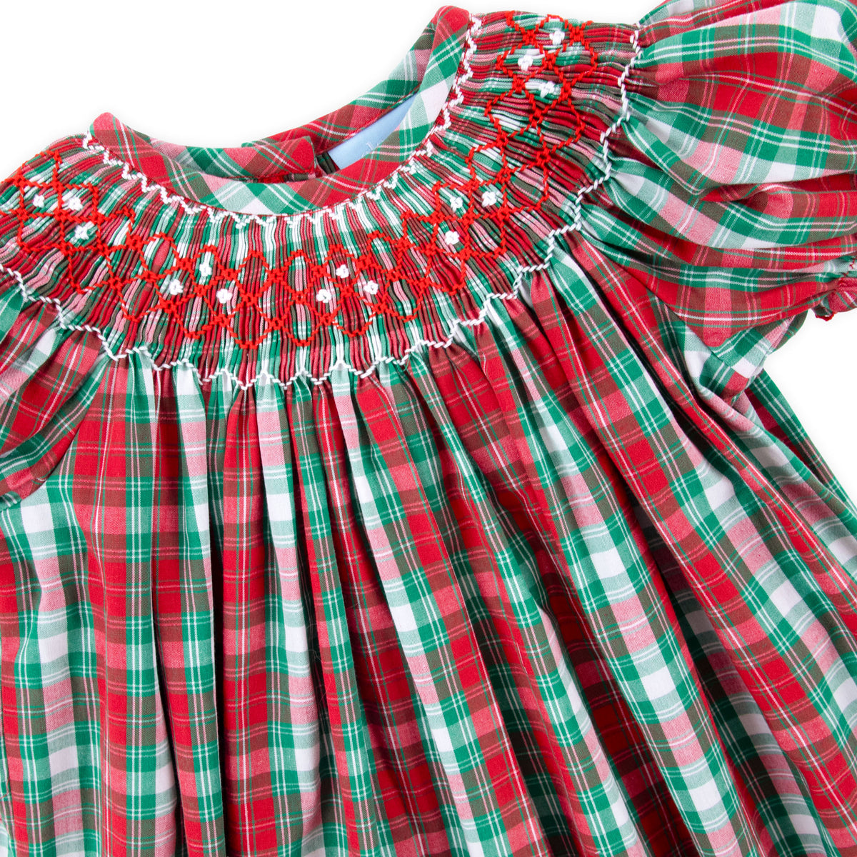 Geometric Smocked Bishop Dress Red & Green Plaid