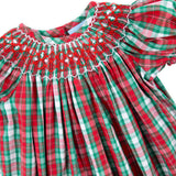 Geometric Smocked Bishop Dress Red & Green Plaid