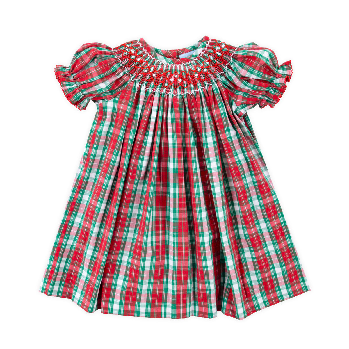 Geometric Smocked Bishop Dress Red & Green Plaid