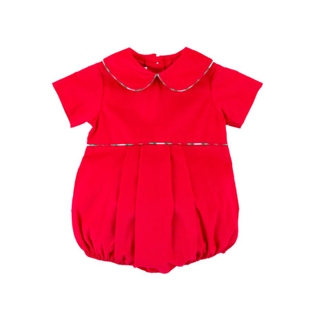 Red Corduroy Collared Bubble with Plaid Trim