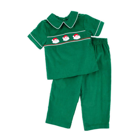 Santa Face Smocked Green Pant Set