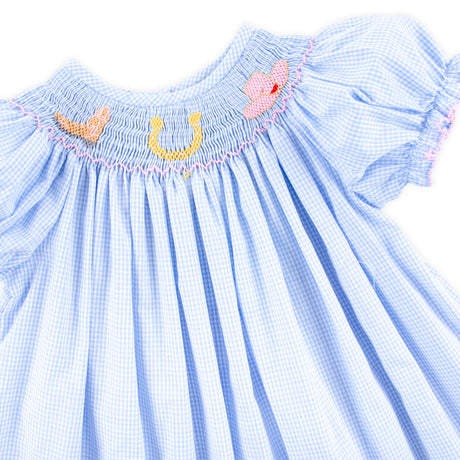 Western Smocked Bishop Light Blue Gingham Dress