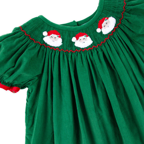 Santa Face Smocked Green Long Bubble