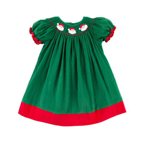 Santa Face Smocked Green Bishop Dress