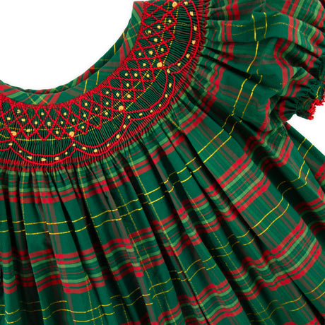 Geometric Smocked Christmas Green Plaid Dress