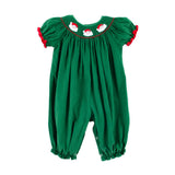 Santa Face Smocked Green Long Bubble