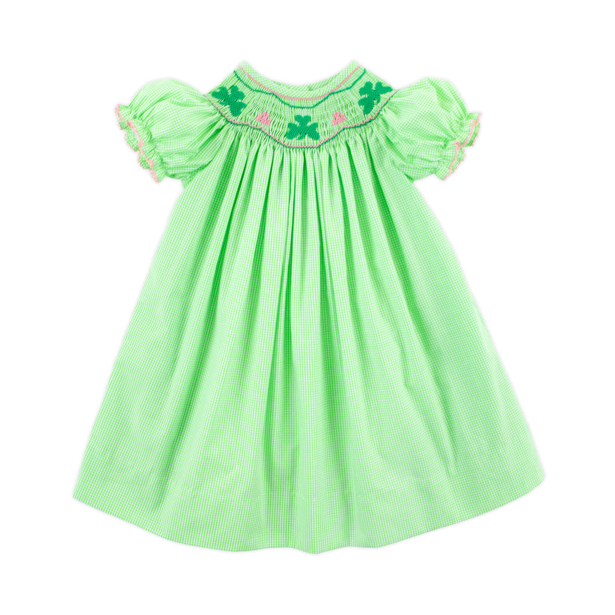 Clover Smocked Green Gingham Bishop Dress