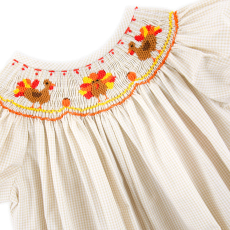Smocked Turkey Khaki Gingham Long Bubble