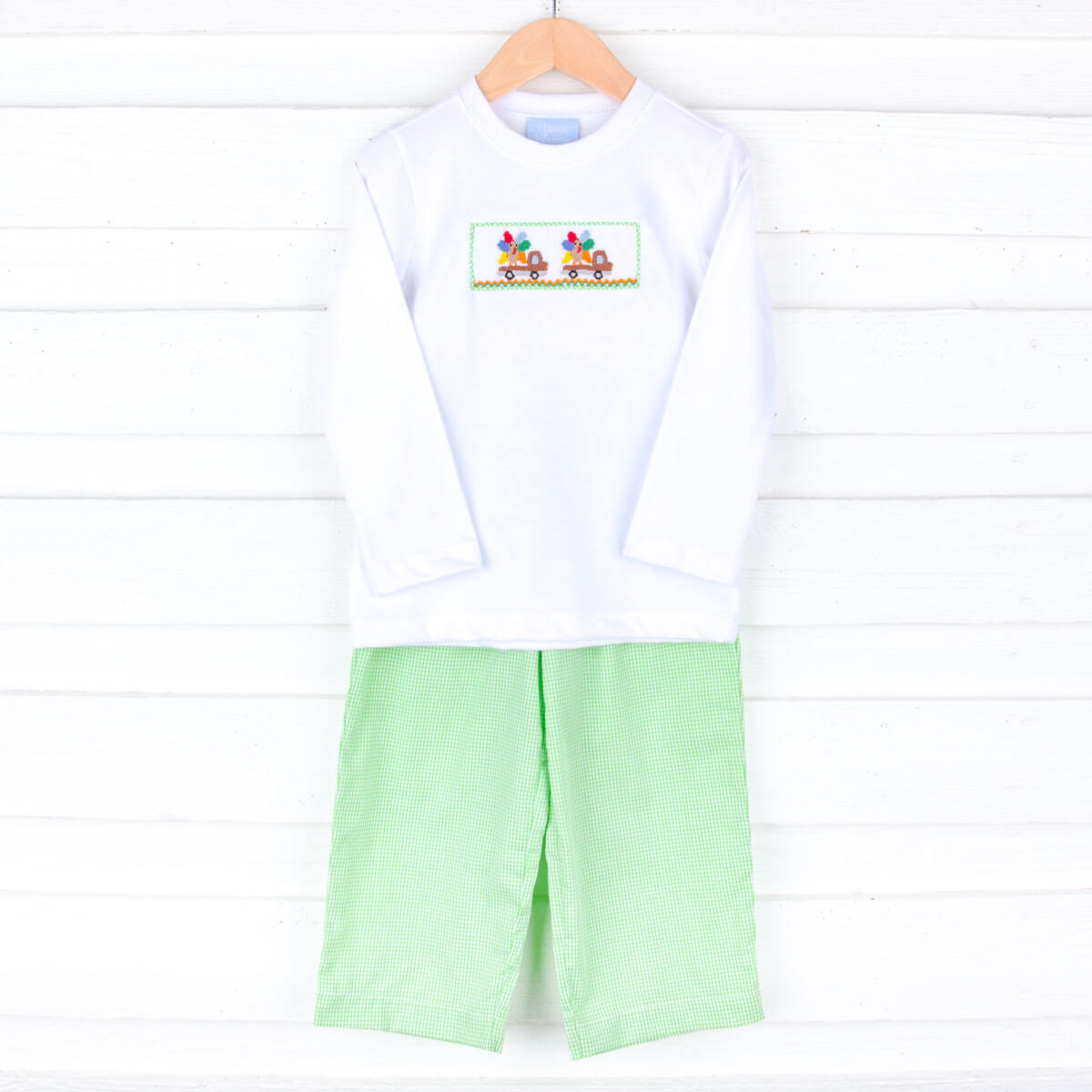 Smocked Turkey Truck Lime Green Gingham Pant Set