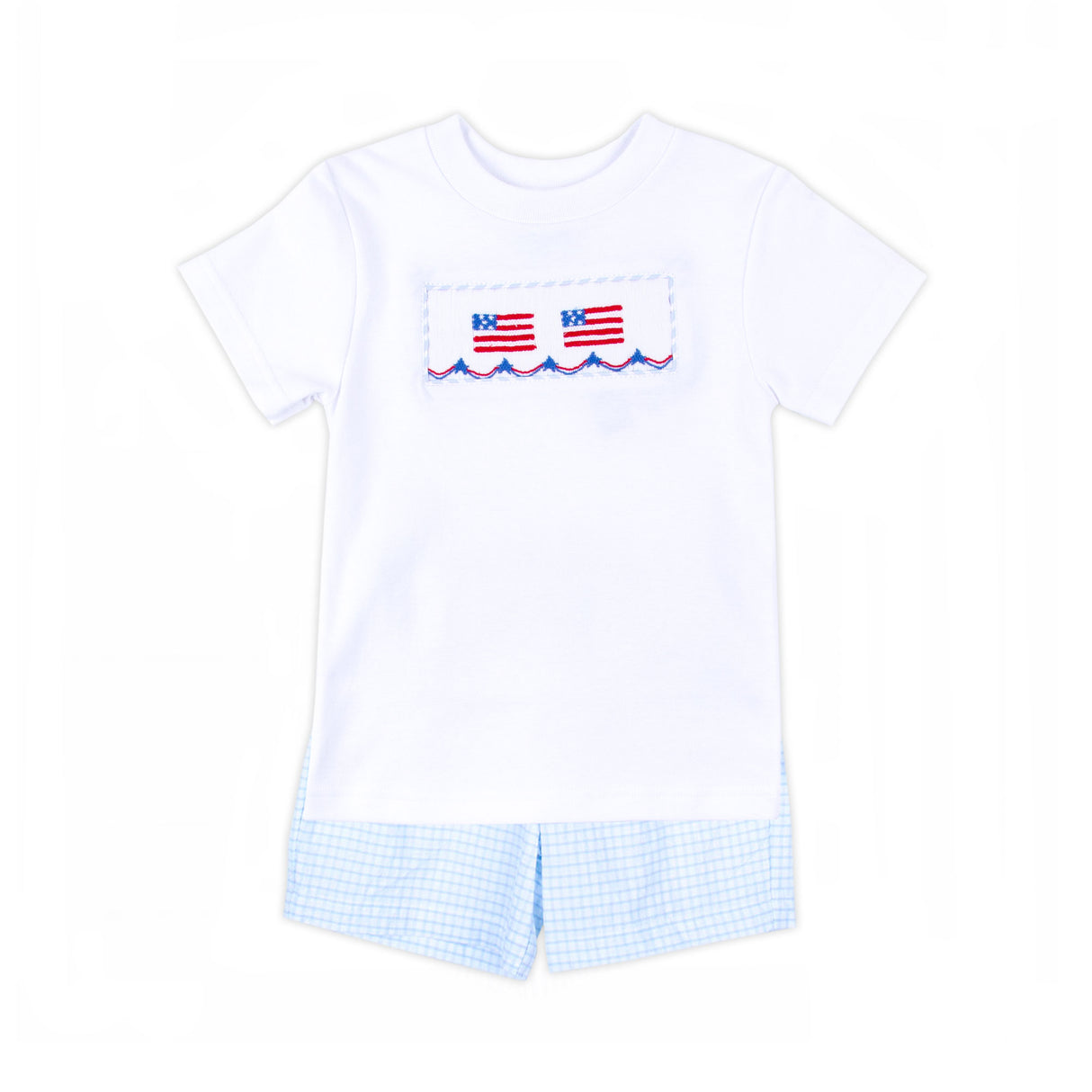 Dazzling Flag Smocked Blue Windowpane Short Set