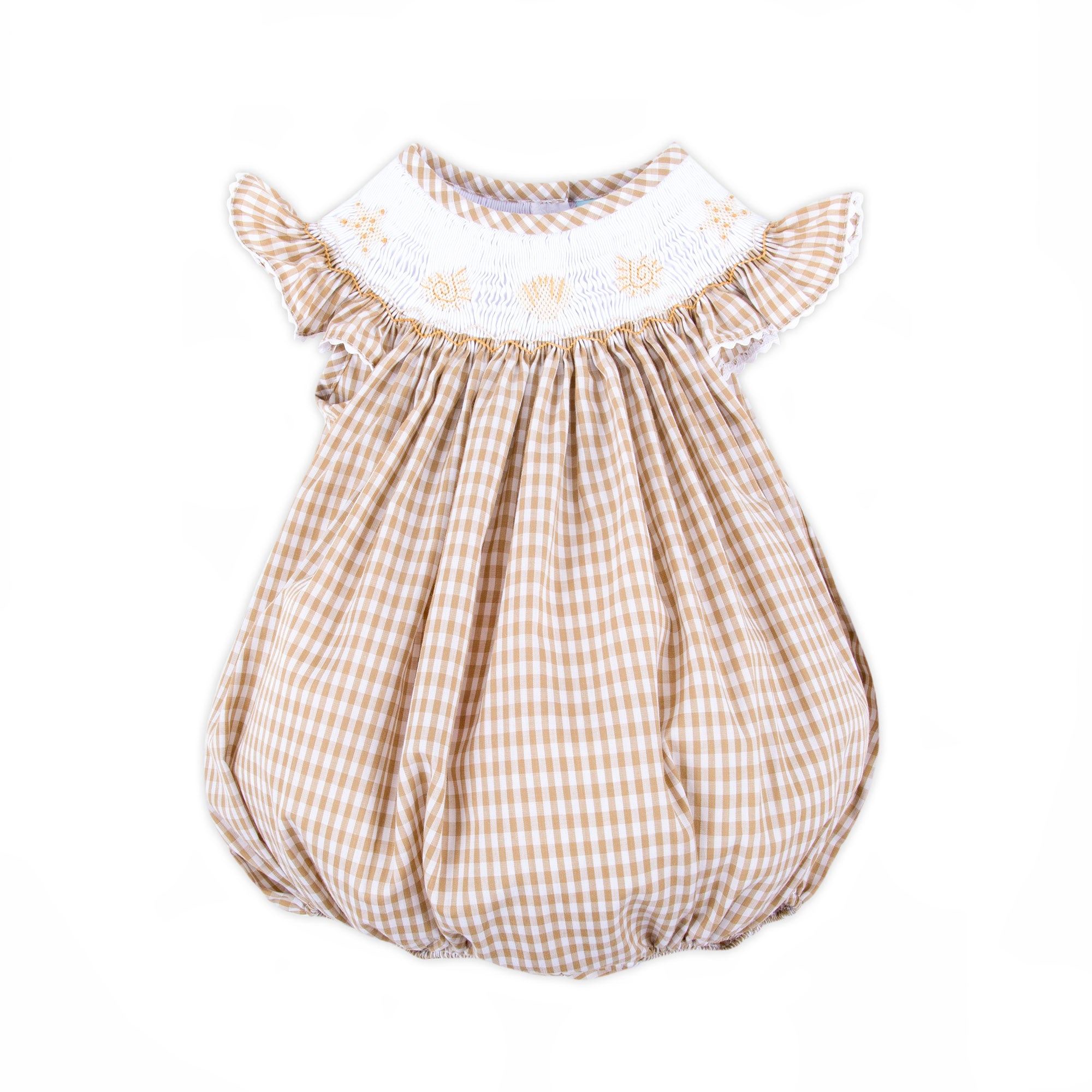 Seashells Smocked Tan Gingham Bubble – Classic Whimsy