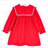 Red Corduroy Bib Long Sleeve Dress