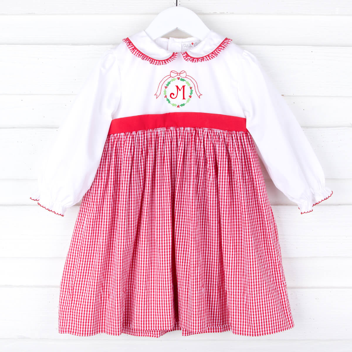 Embroidered Holiday Wreath Red Gingham Dress Classic Whimsy Embroidered Holiday Wreath Red Gingham Dress Classic Whimsy