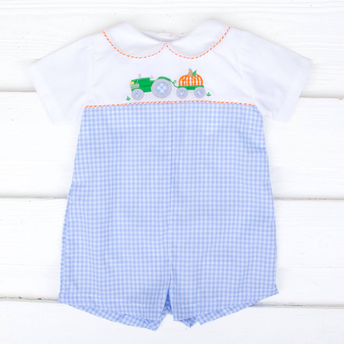 Pumpkin Tractor Blue Gingham Collared Romper