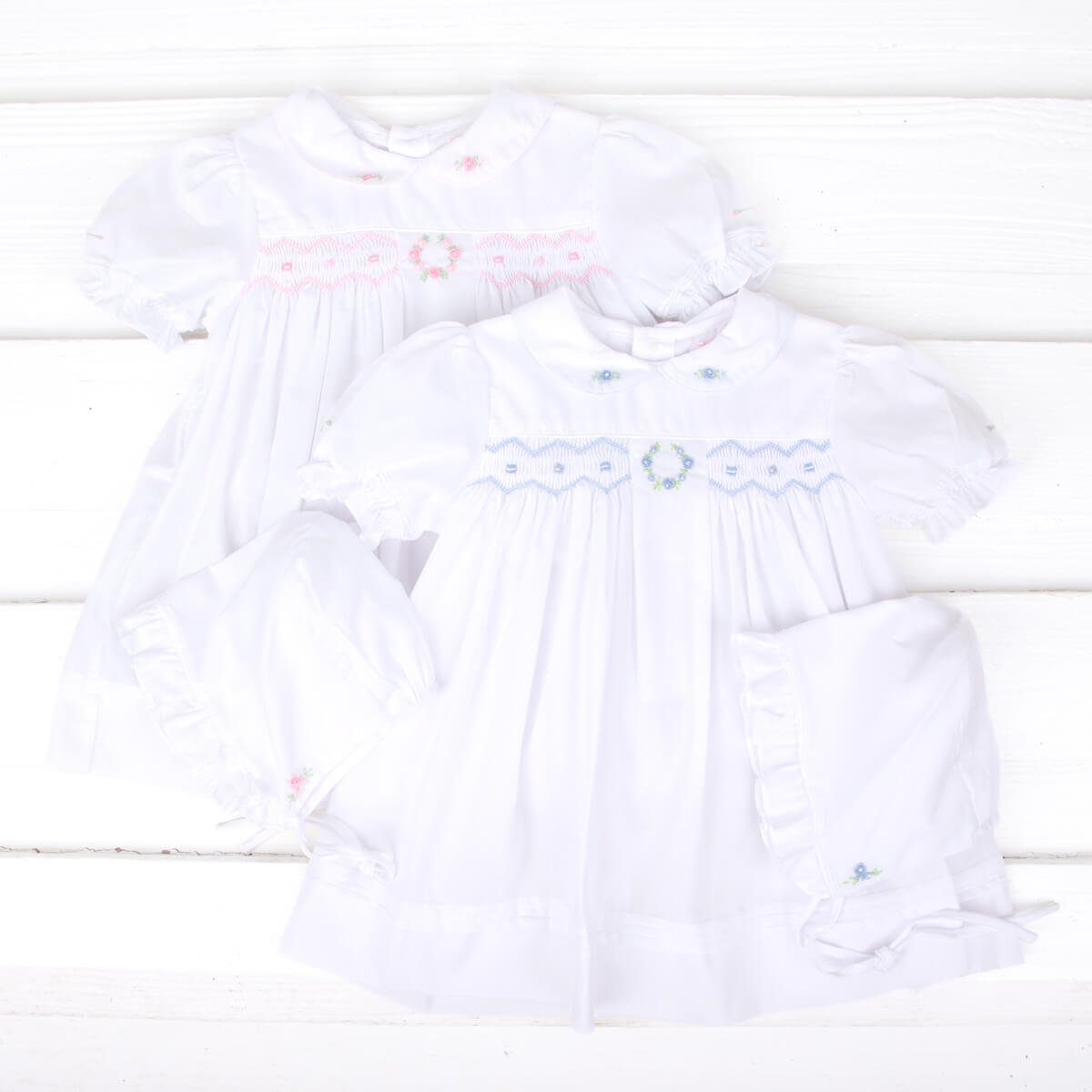 Smocked Rosebud Bishop White Dress