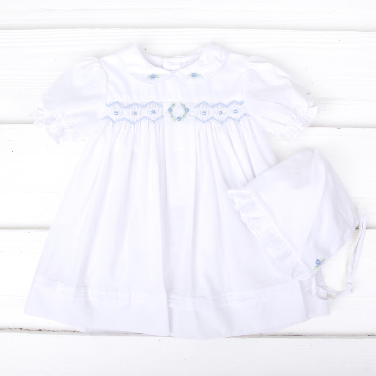 Smocked Rosebud Bishop White Dress