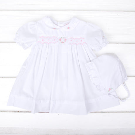 Smocked Rosebud Bishop White Dress