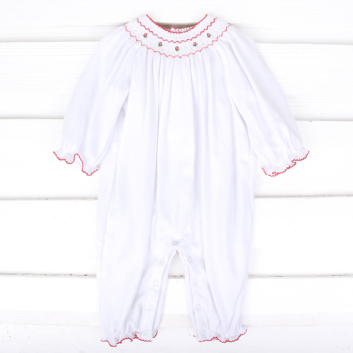 Christmas Rose Smocked White Long Bubble