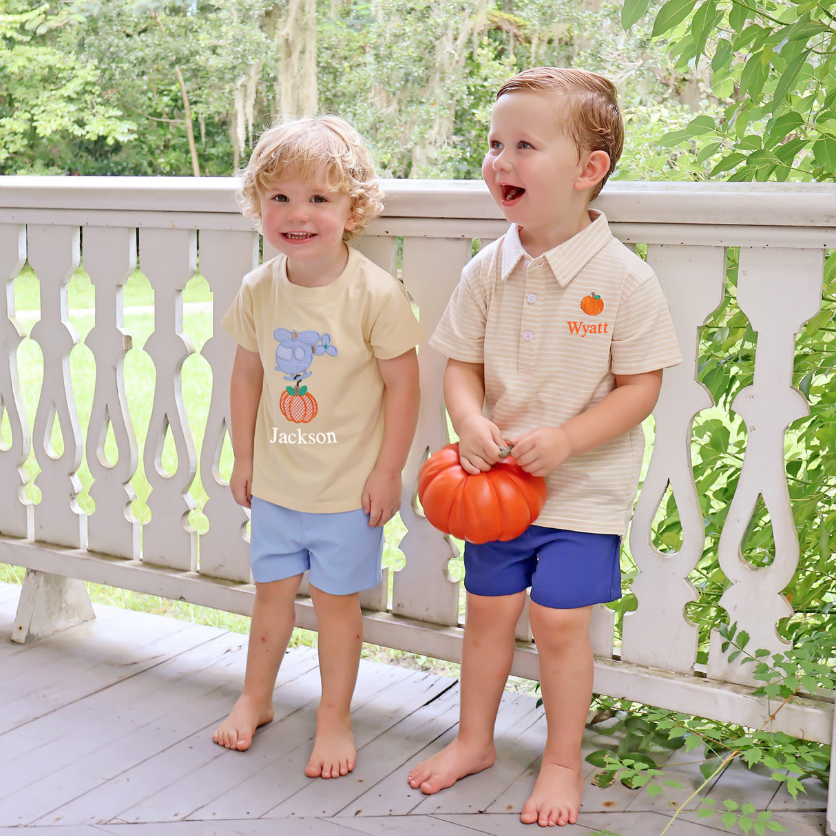 Pumpkin Embroidered Tan Stripe Polo