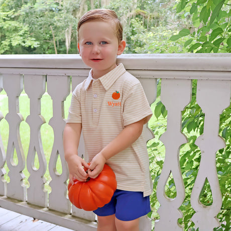 Pumpkin Embroidered Tan Stripe Polo